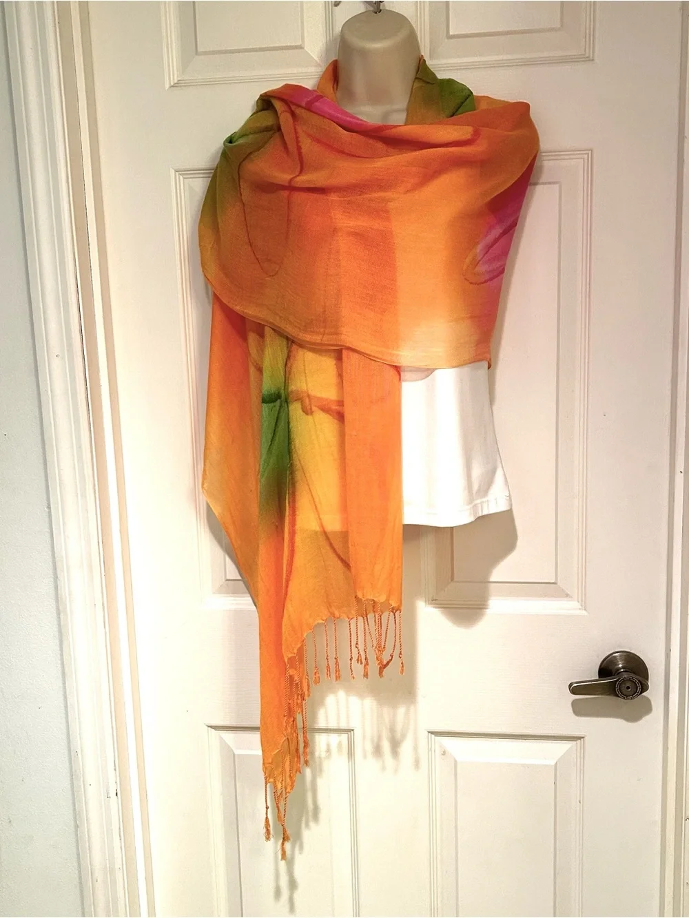 Orange Sheer Floral Hand Painted Fringed Shawl Scarf - Lightweight